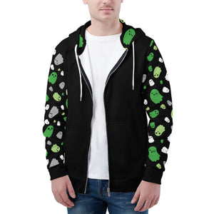 NerdyKeppie Raveyard Ghosts Lightweight Aro Pride Zip Up Hoodie. A black hooded aro pride flag sweatshirt with zipper and two front pockets. This aromantic pride hoodie has a Raveyard Ghosts design on its sleeves and inside its hood!
