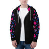 NerdyKeppie Raveyard Ghosts Lightweight Bi Pride Zip Up Hoodie. A black hooded bi pride flag sweatshirt with zipper and two front pockets. This bisexual pride hoodie has a Raveyard Ghosts design on its sleeves and inside its hood!
