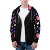 NerdyKeppie Raveyard Ghosts Lightweight Genderfluid Pride Zip Up Hoodie. A black hooded pride flag sweatshirt with zipper and two front pockets. This genderfluid pride hoodie has an Raveyard Ghosts design on its sleeves and inside its hood!