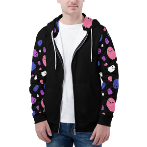 NerdyKeppie Raveyard Ghosts Lightweight Genderfluid Pride Zip Up Hoodie. A black hooded pride flag sweatshirt with zipper and two front pockets. This genderfluid pride hoodie has an Raveyard Ghosts design on its sleeves and inside its hood!