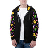NerdyKeppie Raveyard Ghosts Lightweight Inclusive Lesbian Pride Zip Up Hoodie. A black hooded lesbian pride flag sweatshirt with zipper and two front pockets. This lesbian pride hoodie has a Raveyard Ghosts design on its sleeves and inside its hood!