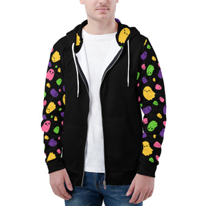 NerdyKeppie Raveyard Ghosts Lightweight Inclusive Lesbian Pride Zip Up Hoodie. A black hooded lesbian pride flag sweatshirt with zipper and two front pockets. This lesbian pride hoodie has a Raveyard Ghosts design on its sleeves and inside its hood!