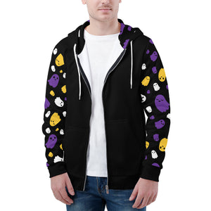 NerdyKeppie Raveyard Ghosts Lightweight Non-Binary Pride Zip Up Hoodie. A black hooded non-binary pride flag sweatshirt with zipper and two front pockets. This non-binary pride hoodie has an Engraved Bats design on its sleeves and inside its hood!