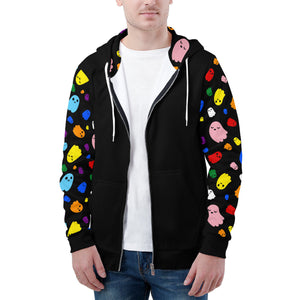 NerdyKeppie Raveyard Ghosts Lightweight Progress Pride Zip Up Hoodie. A black hooded Progress pride flag sweatshirt with zipper and two front pockets. This Progress pride hoodie has a Raveyard Ghosts design on its sleeves and inside its hood!
