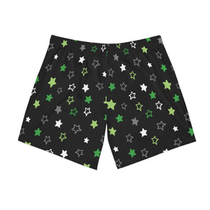 NerdyKeppie Scattered Stars Aro Pride Swim Trunks With Pockets. A pair of swim trunks featuring a Scattered Stars design in aromantic pride colors. These aro pride swim trunks are machine washable.