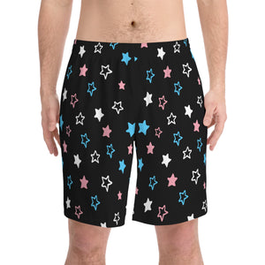 NerdyKeppie Scattered Stars Trans Pride Swim Trunks With Pockets. A pair of swim trunks featuring a Scattered Stars design in transgender pride colors. These trans pride swim trunks are machine washable.