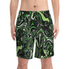 NerdyKeppie Splatter Wave Aro Pride Swim Trunks With Pockets. A pair of swim trunks featuring a Splatter Wave design in aromantic pride colors. These aro pride swim trunks are machine washable.