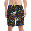 NerdyKeppie Splatter Wave Progress Pride Swim Trunks With Pockets. A pair of swim trunks featuring a Splatter Wave design in Progress pride colors. These Progress pride swim trunks are machine washable.