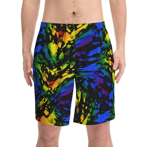 NerdyKeppie Splatter Wave Rainbow Gay Pride Swim Trunks With Pockets. A pair of swim trunks featuring a Splatter Wave design in rainbow gay pride colors. These rainbow gay pride swim trunks are machine washable.