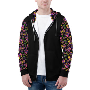 NerdyKeppie Stencil Roses Lightweight Lesbian Pride Zip Up Hoodie. A black hooded sweatshirt with zipper and two front pockets. This lesbian pride hoodie has a stencil roses design on its sleeves and inside its hood!.