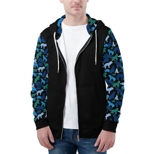 NerdyKeppie Wolf Pack Lightweight Gay Men's Pride Zip Up Hoodie. A black hooded pride flag sweatshirt with zipper and two front pockets. This Gay Men's pride hoodie has a wolf pack design on its sleeves and inside its hood!.