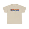 NerdyKeppie "Accomplice" Cotton Progress Pride Tee Shirt. A unisex cotton tee shirt with an "Accomplice" design on it in rainbow pride colors. This gay pride tee shirt has a classic fit.