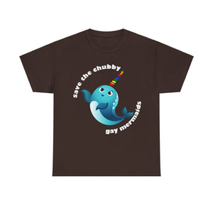 NerdyKeppie "Save The Chubby Gay Mermaids" Cotton Rainbow Gay Pride Tee Shirt. A unisex cotton tee shirt with a "Save The Chubby Gay Mermaids" design on it in rainbow pride colors. This gay pride tee shirt has a classic fit.