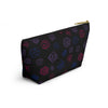 NerdyKeppie Scattered Dice Bi Pride Zipper Pouch with T-Bottom. A zippered accessory/makeup bag featuring a t-bottom and a Scattered Dice pattern in bisexual pride colors. This bi pride zipper pouch is fully lined and comes in two sizes.