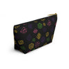 NerdyKeppie Scattered Dice Lesbian Pride Zipper Pouch with T-Bottom. A zippered accessory/makeup bag featuring a t-bottom and a Scattered Dice pattern in lesbian pride colors. This lesbian pride zipper pouch is fully lined and comes in two sizes.
