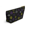 NerdyKeppie Scattered Dice Non-Binary Pride Zipper Pouch with T-Bottom. A zippered accessory/makeup bag featuring a t-bottom and a Scattered Dice pattern in non-binary pride colors. This non-binary pride zipper pouch is fully lined and comes in two sizes.