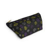 NerdyKeppie Scattered Dice Non-Binary Pride Zipper Pouch with T-Bottom. A zippered accessory/makeup bag featuring a t-bottom and a Scattered Dice pattern in non-binary pride colors. This non-binary pride zipper pouch is fully lined and comes in two sizes.