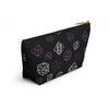 NerdyKeppie Scattered Dice Queer Pride Zipper Pouch with T-Bottom. A zippered accessory/makeup bag featuring a t-bottom and a Scattered Dice pattern in queer pride colors. This queer pride zipper pouch is fully lined and comes in two sizes.