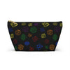 NerdyKeppie Scattered Dice Rainbow Gay Pride Zipper Pouch with T-Bottom. A zippered accessory/makeup bag featuring a t-bottom and a Scattered Dice pattern in rainbow pride colors. This gay pride zipper pouch is fully lined and comes in two sizes.