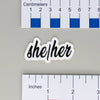 NerdyKeppie Script Pronoun Stickers. Our script pronoun stickers feature black text on a matte white vinyl background. Each script pronoun sticker ships from Portland, Oregon.