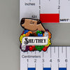 NerdyKeppie Capybara Enamel More Color More Pride Pronoun Pins. Our enamel pin features an adorable capybara, a paper scroll with three different pronoun choices, and flowers in More Color More Pride colors. This pride pin ships from Portland, Oregon.