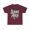 NerdyKeppie "Sidhe/Her" Cotton Trans Pride Tee Shirt. A unisex cotton tee shirt with a "Sidhe Her" design on it in transgender pride colors. This trans pride tee shirt has a classic fit.