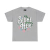 NerdyKeppie "Sidhe/Her" Cotton Trans Pride Tee Shirt. A unisex cotton tee shirt with a "Sidhe Her" design on it in transgender pride colors. This trans pride tee shirt has a classic fit.