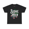 NerdyKeppie "Sidhe/Her" Cotton Trans Pride Tee Shirt. A unisex cotton tee shirt with a "Sidhe Her" design on it in transgender pride colors. This trans pride tee shirt has a classic fit.