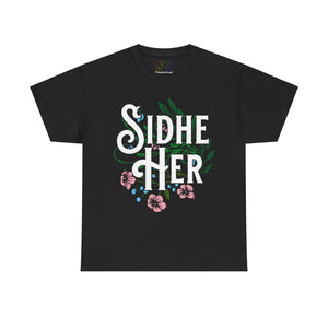 NerdyKeppie "Sidhe/Her" Cotton Trans Pride Tee Shirt. A unisex cotton tee shirt with a "Sidhe Her" design on it in transgender pride colors. This trans pride tee shirt has a classic fit.