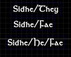 NerdyKeppie's Sidhe/They, Sidhe/Fae, Sidhe/He/Fae Pronoun Patches are stitched on sturdy rectangular duck cloth and backed with vinyl fuse.