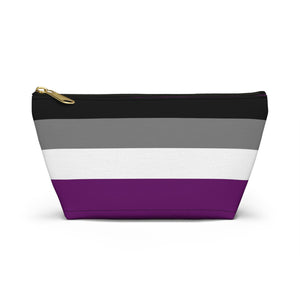NerdyKeppie Ace Pride Flag Zipper Pouch with T-Bottom. A zippered accessory/makeup bag featuring a t-bottom and an asexual pride flag pattern. This ace pride zipper pouch is fully lined and comes in two sizes.