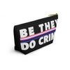 NerdyKeppie "Be They, Do Crime" Genderfluid Pride Zipper Pouch with T-Bottom. A zippered accessory/makeup bag featuring a t-bottom and a "Be They, Do Crime" pattern in genderfluid pride colors. This genderfluid pride zipper pouch is fully lined and comes in two sizes.