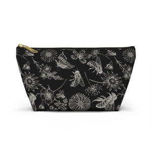 NerdyKeppie Bees Bees Bees on Black Zipper Pouch with T-Bottom. A zippered accessory/makeup bag featuring a t-bottom and a Bees Bees Bees pattern in white. This black zipper pouch is fully lined and comes in two sizes.