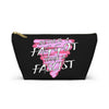 NerdyKeppie "Better A Faggot Than A Fascist" Pink Triangle Zipper Pouch with T-Bottom. A zippered accessory/makeup bag featuring a t-bottom and a "Better A Faggot Than A Fascist" design. This pink triangle zipper pouch is fully lined and comes in two sizes.