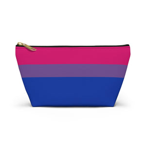 NerdyKeppie Bi Pride Flag Zipper Pouch with T-Bottom. A zippered accessory/makeup bag featuring a t-bottom and a bisexual pride flag pattern. This bi pride zipper pouch is fully lined and comes in two sizes.