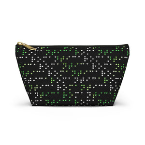 NerdyKeppie Braille Aro Pride Zipper Pouch with T-Bottom. A zippered accessory/makeup bag featuring a t-bottom and a Braille pattern in aromantic pride colors. This aro pride zipper pouch is fully lined and comes in two sizes.