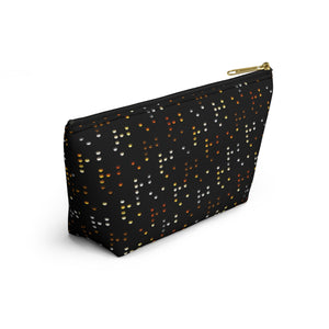 NerdyKeppie Braille Bear Pride Zipper Pouch with T-Bottom. A zippered accessory/makeup bag featuring a t-bottom and a Braille pattern in bear pride colors. This pride zipper pouch is fully lined and comes in two sizes.