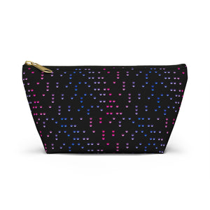 NerdyKeppie Braille Bi Pride Zipper Pouch with T-Bottom. A zippered accessory/makeup bag featuring a t-bottom and a Braille pattern in bi pride colors. This pride zipper pouch is fully lined and comes in two sizes.