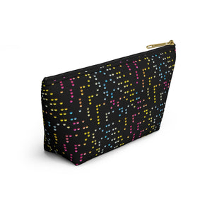 NerdyKeppie Braille Pan Pride Zipper Pouch with T-Bottom. A zippered accessory/makeup bag featuring a t-bottom and a Braille pattern in pan pride colors. This pride zipper pouch is fully lined and comes in two sizes.