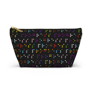 NerdyKeppie Braille Progress Pride Zipper Pouch with T-Bottom. A zippered accessory/makeup bag featuring a t-bottom and a Braille pattern in Progress pride colors. This pride zipper pouch is fully lined and comes in two sizes.
