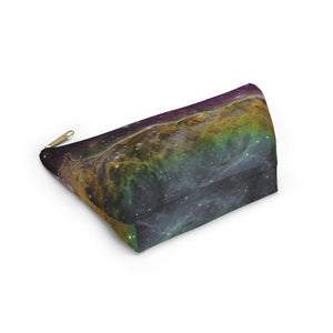 NerdyKeppie Carina Nebula Pan Pride Zipper Pouch with T-Bottom. A zippered accessory/makeup bag featuring a t-bottom and a [PATTERN] pattern in pansexual pride colors. This pan pride zipper pouch is fully lined and comes in two sizes.