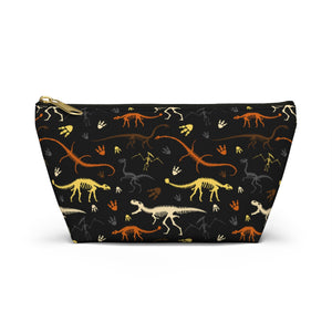 NerdyKeppie Dino Bones Bear Pride Zipper Pouch with T-Bottom. A zippered accessory/makeup bag featuring a t-bottom and a Dino Bones pattern in bear pride colors. This pride zipper pouch is fully lined and comes in two sizes.