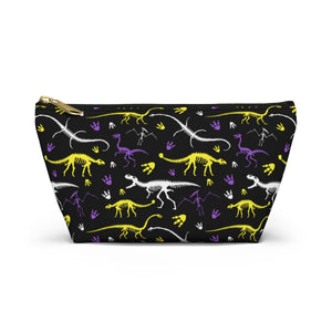 NerdyKeppie Dino Bones Non-Binary Pride Zipper Pouch with T-Bottom. A zippered accessory/makeup bag featuring a t-bottom and a Dino Bones pattern in non-binary pride colors. This pride zipper pouch is fully lined and comes in two sizes.