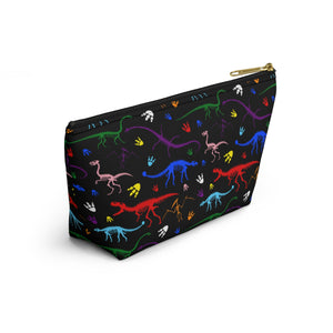 NerdyKeppie Dino Bones Progress Pride Zipper Pouch with T-Bottom. A zippered accessory/makeup bag featuring a t-bottom and a Dino Bones pattern in Progress pride colors. This pride zipper pouch is fully lined and comes in two sizes.