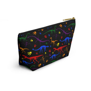 NerdyKeppie Dino Bones Rainbow Gay Pride Zipper Pouch with T-Bottom. A zippered accessory/makeup bag featuring a t-bottom and a Dino Bones pattern in rainbow gay pride colors. This pride zipper pouch is fully lined and comes in two sizes.