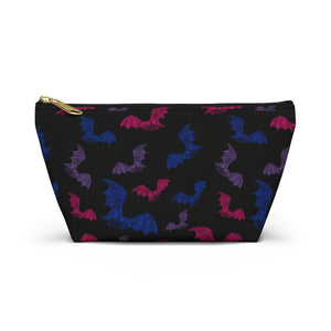 NerdyKeppie Engraved Bats Bi Pride Zipper Pouch with T-Bottom. A zippered accessory/makeup bag featuring a t-bottom and an Engraved Bats pattern in bisexual pride colors. This bi pride zipper pouch is fully lined and comes in two sizes.