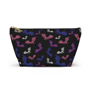 NerdyKeppie Engraved Bats Genderfluid Pride Zipper Pouch with T-Bottom. A zippered accessory/makeup bag featuring a t-bottom and an Engraved Bats pattern in genderfluid pride colors. This genderfluid pride zipper pouch is fully lined and comes in two sizes.