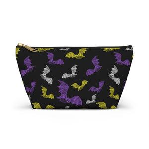 NerdyKeppie Engraved Bats Non-Binary Pride Zipper Pouch with T-Bottom. A zippered accessory/makeup bag featuring a t-bottom and an Engraved Bats pattern in non-binary pride colors. This non-binary pride zipper pouch is fully lined and comes in two sizes.