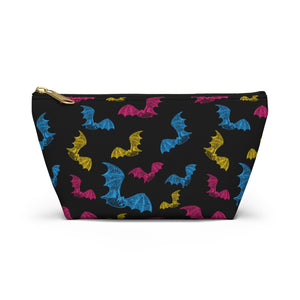NerdyKeppie Engraved Bats Pan Pride Zipper Pouch with T-Bottom. A zippered accessory/makeup bag featuring a t-bottom and an Engraved Bats pattern in pansexual pride colors. This pan pride zipper pouch is fully lined and comes in two sizes.