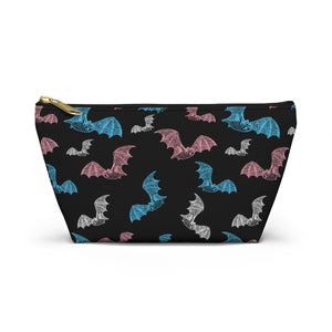NerdyKeppie Engraved Bats Trans Pride Zipper Pouch with T-Bottom. A zippered accessory/makeup bag featuring a t-bottom and an Engraved Bats pattern in transgender pride colors. This trans pride zipper pouch is fully lined and comes in two sizes.